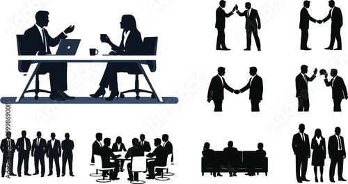 Business people silhouettes collection, corporate office meeting set, professional handshake agreement, team collaboration, career success, communication icons, partnership, networking, workspace silh