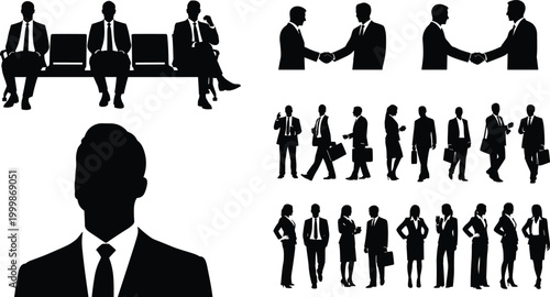 Business people silhouettes collection, corporate professional set, handshake partnership, office workers standing and sitting, career success, communication icons, teamwork, networking.