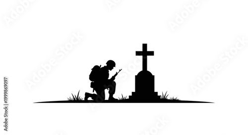 Solemn Silhouette of a Soldier Kneeling at a Gravestone with a Cross, Representing Military Remembrance, Honor, and Sacrifice for Fallen Heroes