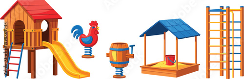 Foto Children playground equipment set with slide house, sandbox, spring riders, and