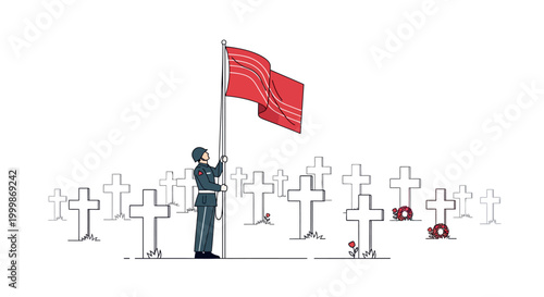 A Soldier Raising a Flag Amidst a Field of White Crosses, Symbolizing Remembrance and Sacrifice