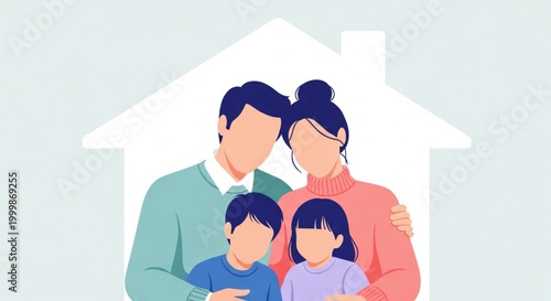 Vector illustration of a happy family unit, including parents and two children, embraced within the comforting outline of a house, symbolizing security and togetherness in their home