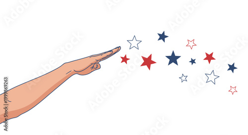 Patriotic Hand Gesture with Red, White, and Blue Stars Emanating - A Symbol of National Pride and Celebration