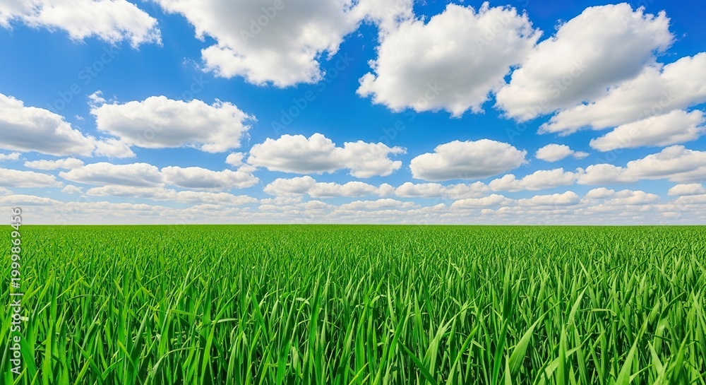 Obraz premium Vibrant green meadow under a bright blue sky filled with fluffy white clouds on a sunny summer day in a peaceful agricultural countryside, peaceful, sunny, outdoors