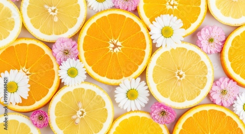 Vibrant citrus slices of lemon and orange mingle with white daisies and pink spring blossoms in a bright, colorful artistic composition, elegant, composition, illustration