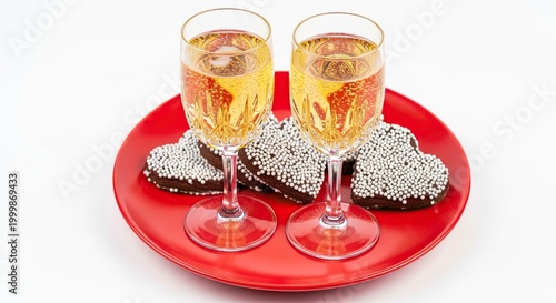 Two elegant crystal flutes with a sparkling drink sit next to heart shaped chocolate cookies with white sprinkles on a vibrant red plate, bakery, treat, holiday