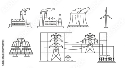 Industrial energy production and distribution illustration set.