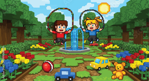 Pixel art kids playing in garden, blocky 8-bit style children jumping rope by fountain, retro video game landscape with toys and flowers
