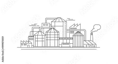 Industrial factory complex with silos and smoke stacks illustration.