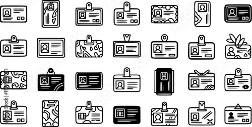 Glyph Line Art Identity Icons: Collection of Black and White ID Cards, Employee Badges, and Security Passes for Business and Access Control.