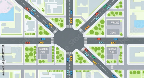 Aerial View of Busy City Traffic Intersection with Roundabout.