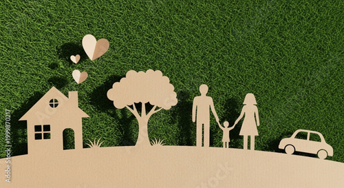Paper cutouts of a family, house, tree, and car on a textured green background, symbolizing home, security, and prosperity