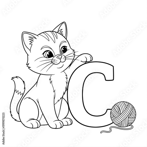 Cute Cat with Letter C Coloring Page for Kids