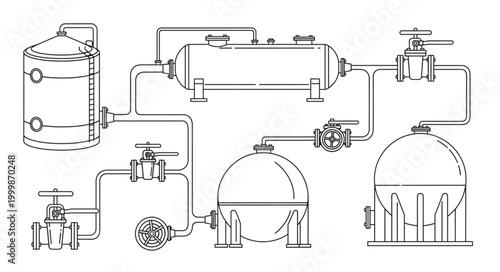 Industrial pipeline system with tanks and valves illustration.