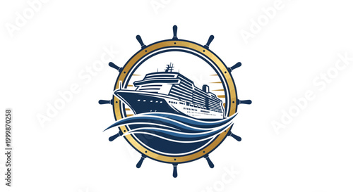 Cruise Ship and Ships Wheel Logo Design.