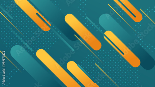 Modern abstract background featuring diagonal teal and orange shapes with halftone dot patterns for creative design projects