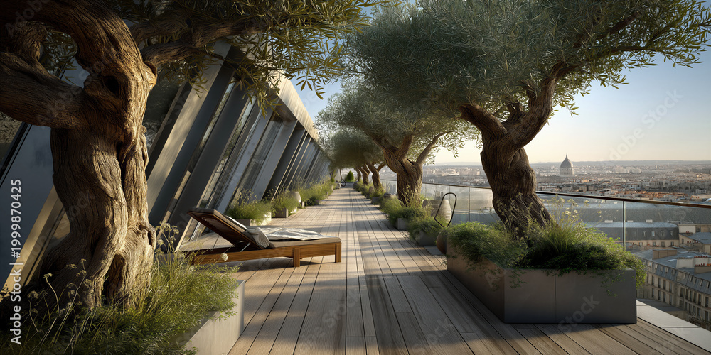 Fototapeta premium Sunset scenic promenade. Wooden walkway above city with olive trees and sunset light
