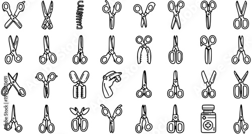 Hand Drawn Black and White Line Art Icons Set of Scissors, Shears, Medical Tools, Crafting Instruments, Spring, and Medicine Bottle Doodles.