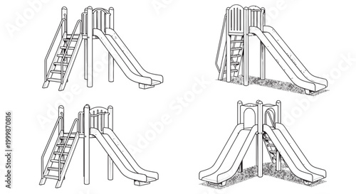 Line drawings of playground slides with ladders and grassy areas playground equipment children recreation