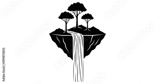 Silhouette of a floating island with trees and a waterfall cascading down floating waterfall landscape