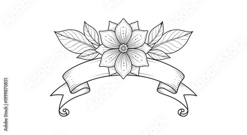 Hand-drawn flower with leaves and a curved ribbon banner decorative element decorative ornamental template
