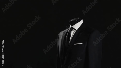 A headless man in a black suit with a white shirt and tie, standing in the dark