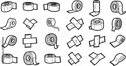 Black and White Line Art Adhesive Tape Rolls and Pieces Icons - Essential Vector Set for Office, Craft, Packaging, and Repair Themes.