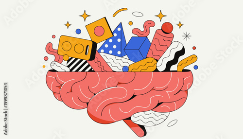 Brain overflowing with creative thoughts and ideas in colorful illustration
