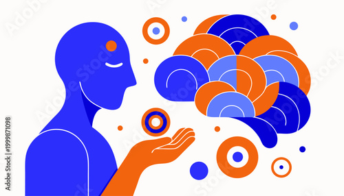 Modern illustration of a human with abstract thought bubbles in blue and orange hues on white background
