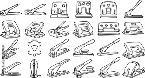 Office Stationery and Craft Tools: Black and White Line Art Set of Various Hole Punchers, Paper Punches, and Eyelet Pliers Icons