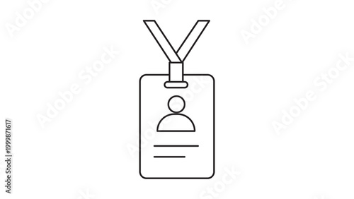 Minimalist black line vector icon of a rectangular name tag or ID badge with a lanyard and a person silhouette, isolated on a white background. Ideal for business, events, and security themes.