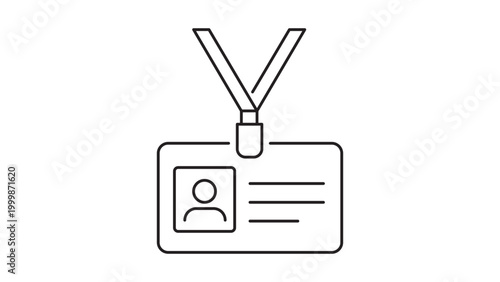 Bild auf Leinwand Minimalist black line vector icon of a professional ID badge name tag featuring a lanyard strap and photo placeholder, isolated on white for business, corporate security, and event identification