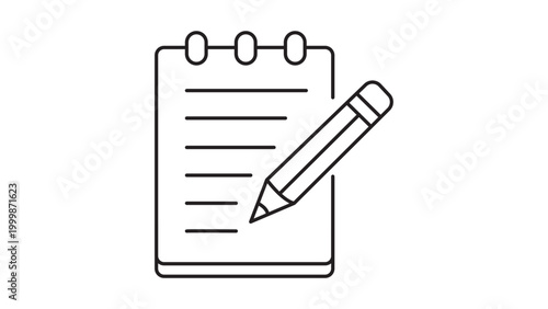 Minimalist black line vector icon of a spiral notepad and pencil, representing note-taking, writing, journaling, and education. Clean outline illustration for business and creative projects.