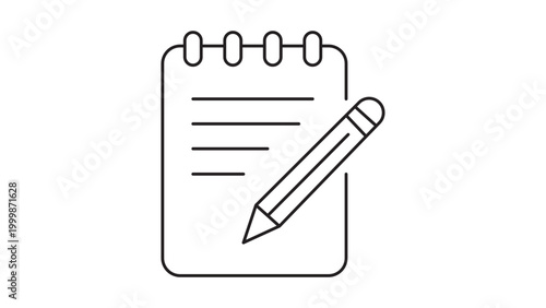 Minimalist black line vector icon illustration of a spiral notepad with a pencil, representing note-taking, writing, journaling, or planning, isolated on a clean white background.