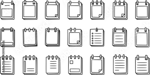 Hand-Drawn Black and White Line Art Business Calendar and Notepad Icons. Doodle Office Planner and Document Outline Collection for Productivity, Planning, and Organization.