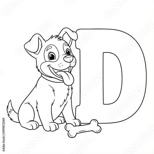 Friendly Puppy and Letter D Kids Coloring Sheet