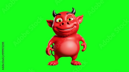 A friendly 3D red creature character with small horns, performing a happy dance and smiling. High-quality 3D render isolated on a green screen for background removal.
Tags: