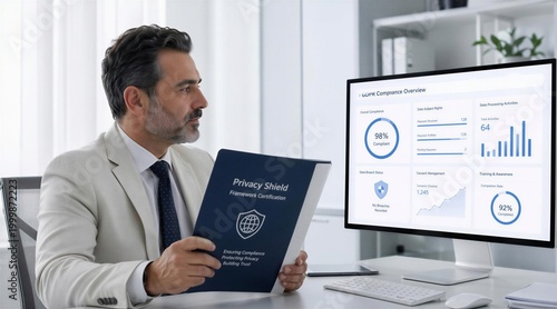 Data Privacy Officer Holding Certification Folder While Reviewing GDPR Compliance Dashboard in Professional Office