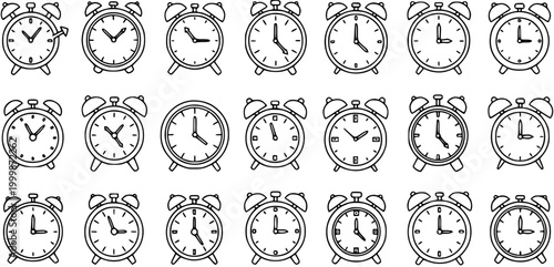 Time Management Alarm Clocks Line Art Icon Set. Black and White Outline Illustrations for Morning Routines, Schedules, and Deadline Concepts.