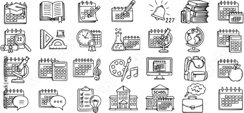 Black  White Line Art Education Icons Set: Hand-drawn School, Learning  Academic Doodle Symbols Collection