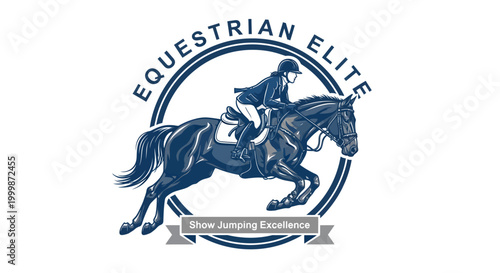 Equestrian Elite Rider on Horseback Jumping Over Obstacle.