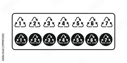 Set of seven plastic resin identification codes with recycling arrows and numbers one through seven
