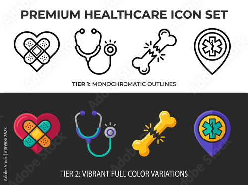 Premium Healthcare and Medical Icon Set featuring Outline and Vibrant Color Variations of Heart Bandage, Stethoscope, Broken Bone, and Emergency Location Pin Vectors