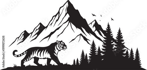 Black tiger silhouette, mountain landscape, pine trees, wildlife vector icon