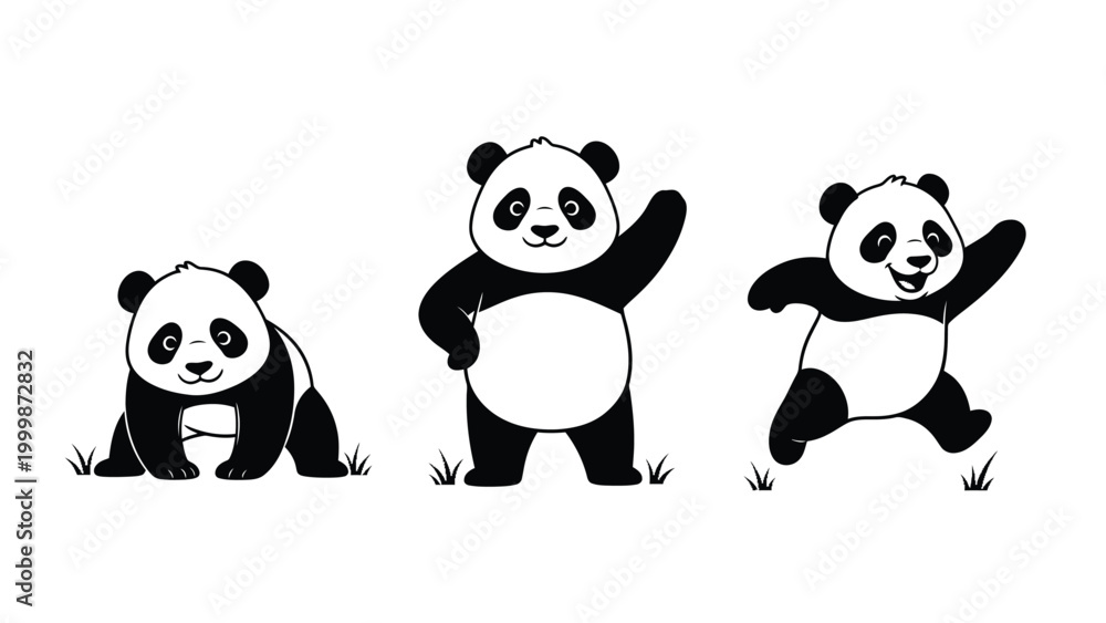 Naklejka premium Cute Cartoon Pandas Posing: Sitting, Waving, and Jumping. Adorable Black and White Panda Characters in Playful Actions.