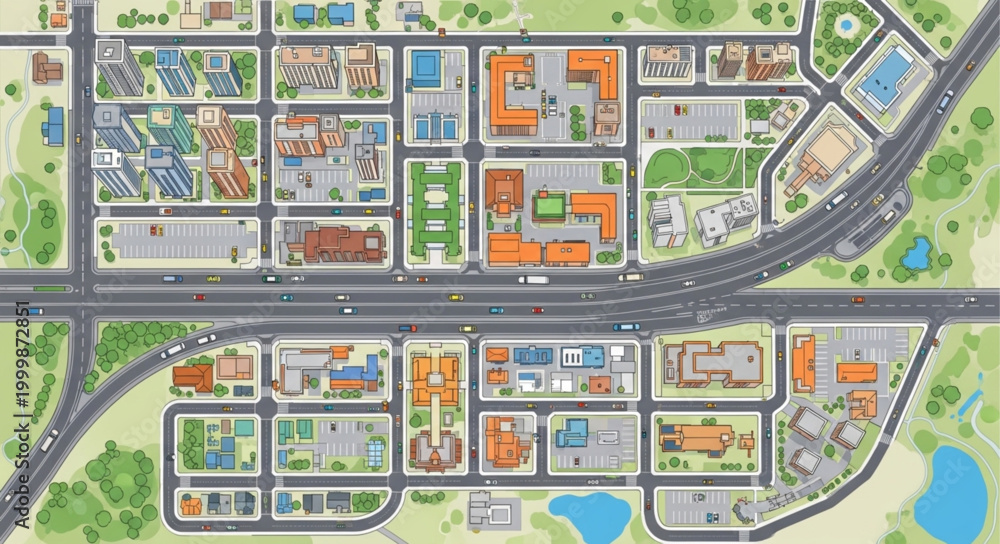 Fototapeta premium Aerial View of a Modern City Plan with Buildings and Roads.