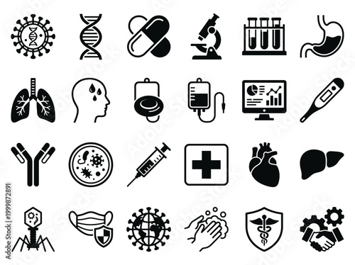 Medical and Healthcare Icon Set for Virology, Biology, and Disease Prevention - Vector Symbols for Scientific Research and Clinical Diagnosis