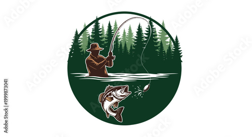 Fisherman reeling in a large bass fish during a scenic outdoor adventure.