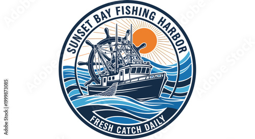 Fishing boat sailing in the ocean with sunset.