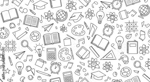 Seamless vector graphic illustration pattern featuring a diverse array of educational and creative school supplies for learning